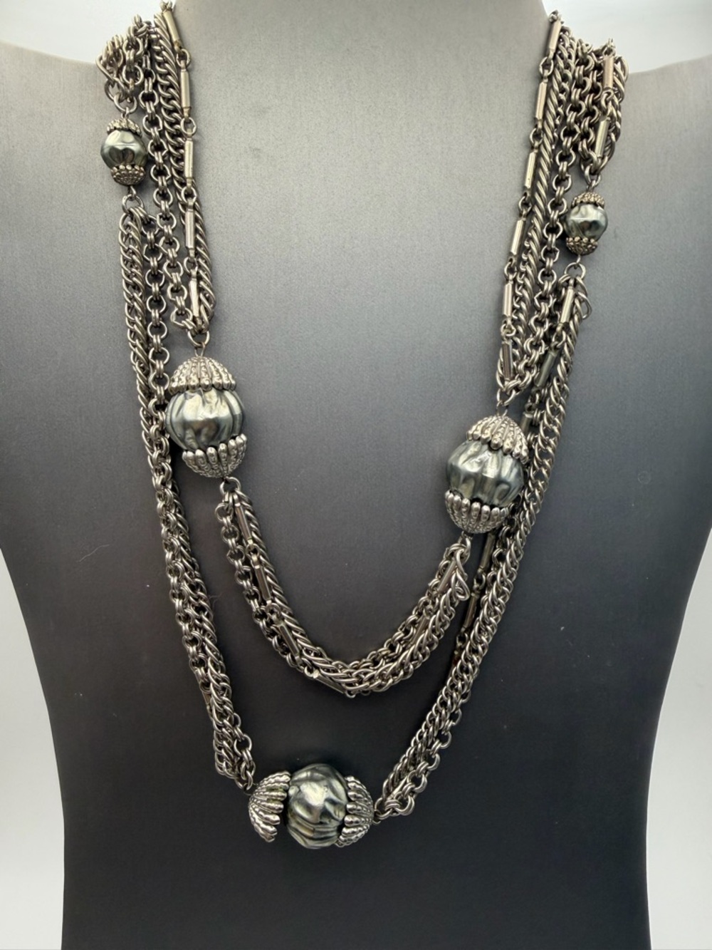 Double Strand Baroque Gunmetal Bead Statement Necklace Ribbed Beads